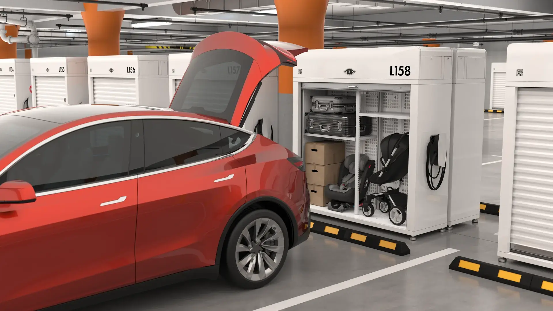 An open D'LUX Storage Unit with a stroller and boxes inside, beside a red car with its trunk open